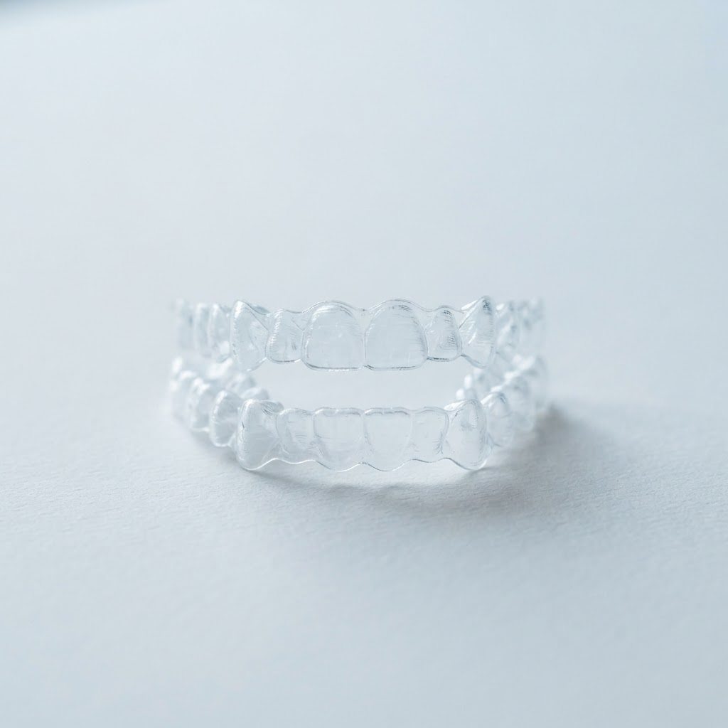 Two transparent clear orthodontic aligner trays side by side on a soft off-white surface